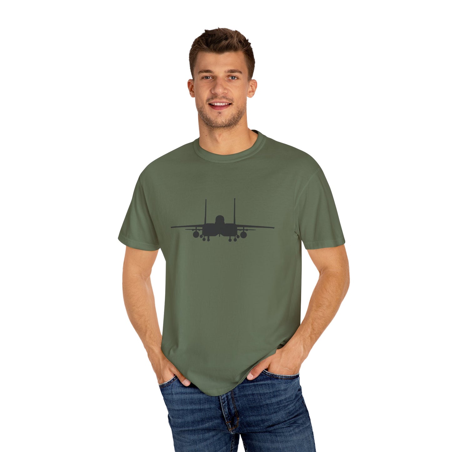 F-15E Front Silhouette Comfort Colors Unisex T-Shirt with Airplane Design, Casual Wear, Gift for Pilots, Aviation Lovers, Travel Enthusiasts, Plane Spotting