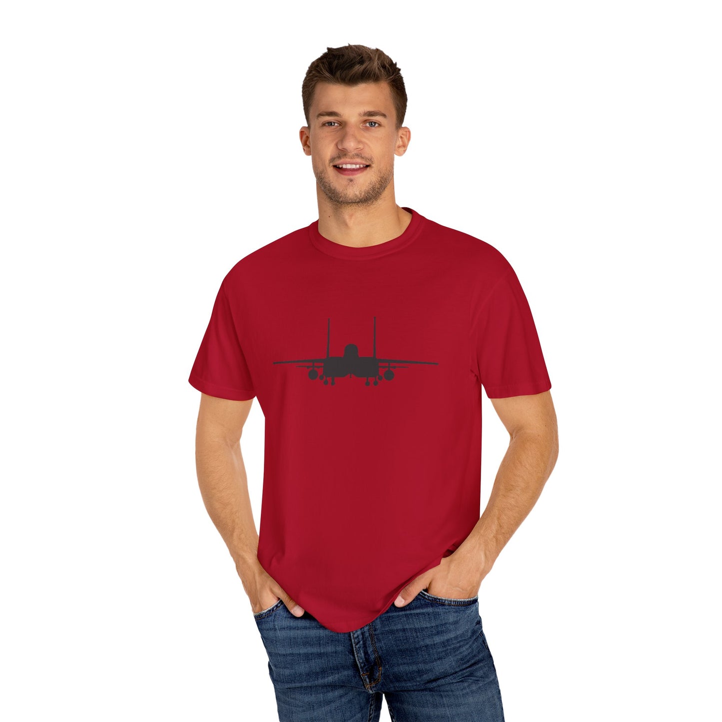 F-15E Front Silhouette Comfort Colors Unisex T-Shirt with Airplane Design, Casual Wear, Gift for Pilots, Aviation Lovers, Travel Enthusiasts, Plane Spotting