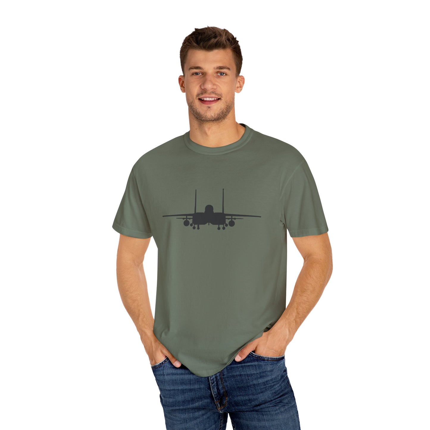 F-15E Front Silhouette Comfort Colors Unisex T-Shirt with Airplane Design, Casual Wear, Gift for Pilots, Aviation Lovers, Travel Enthusiasts, Plane Spotting