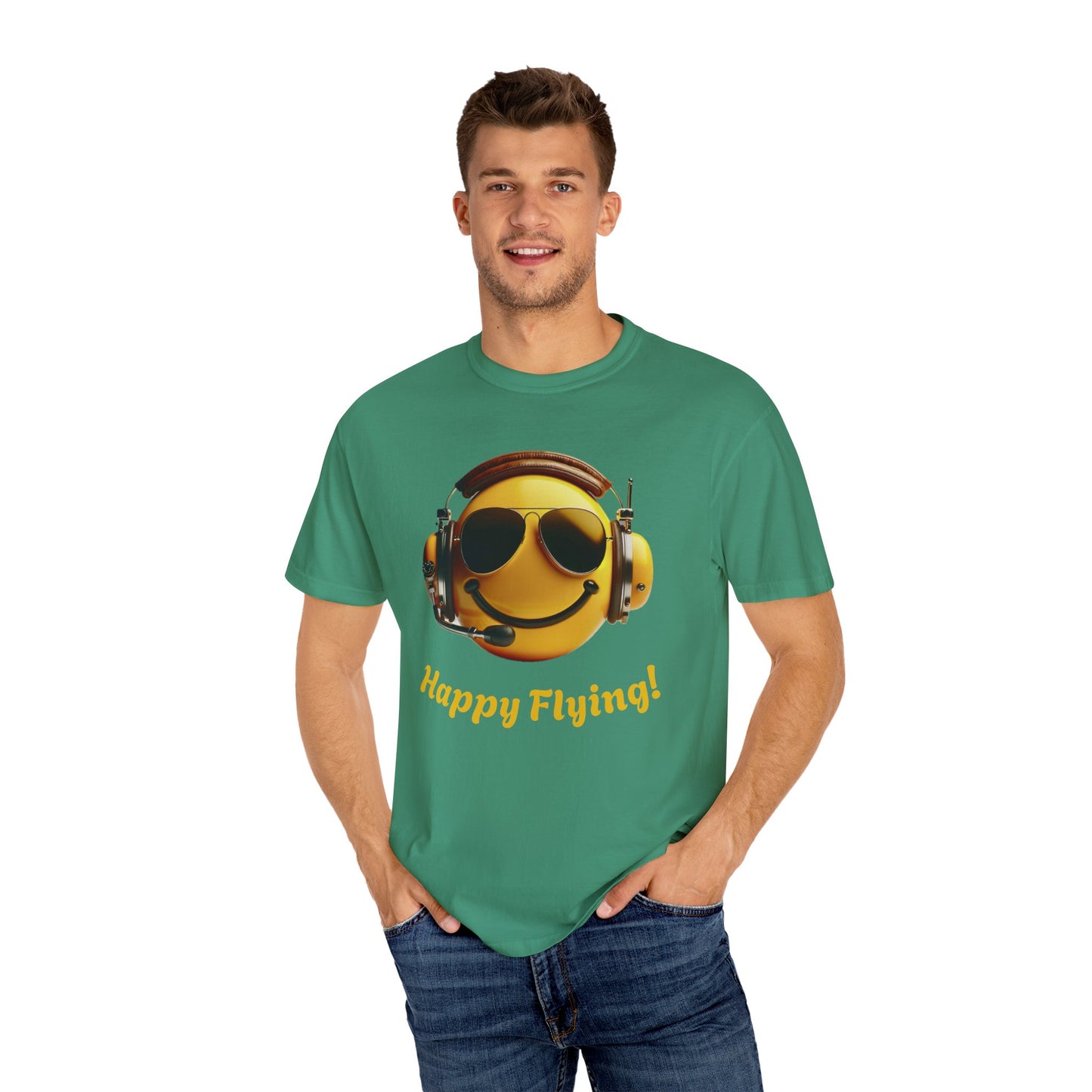 Happy Flying! - Smiley Face Comfort Colors Unisex T-Shirt, Casual Wear, Gift for Pilots, Aviation Lovers, Travel Enthusiasts, Plane Spotting