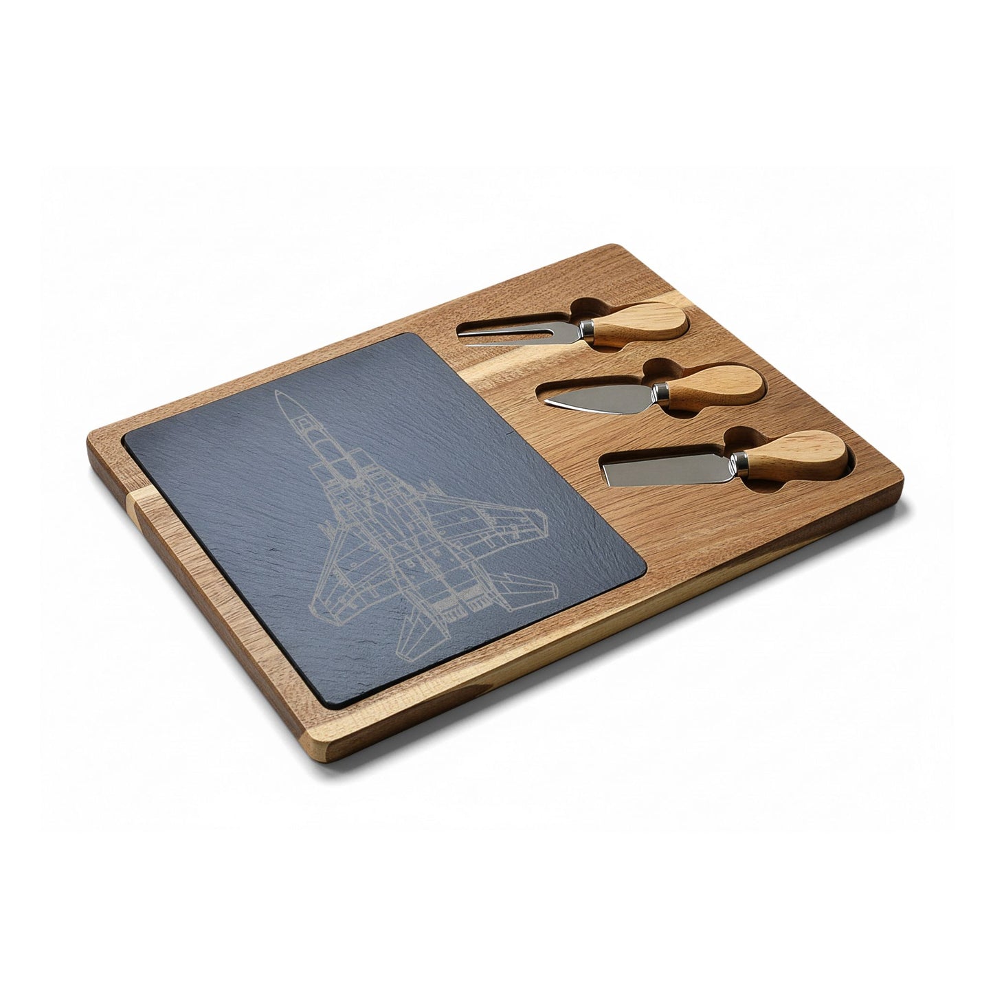 Engraved Charcuterie Board with Slate Inlay & 3-Piece Cheese Knife Set —  F-15E
