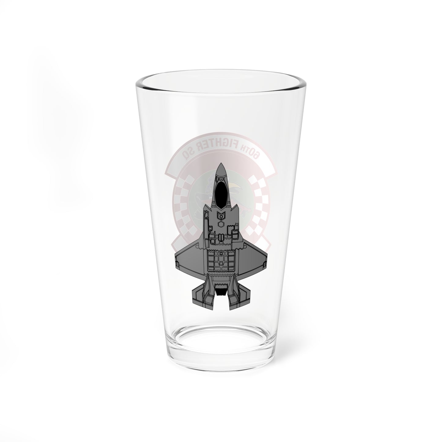 60FS "Fighting Crows" Mixing Glass, 16oz, with F-35A top view on opposite side