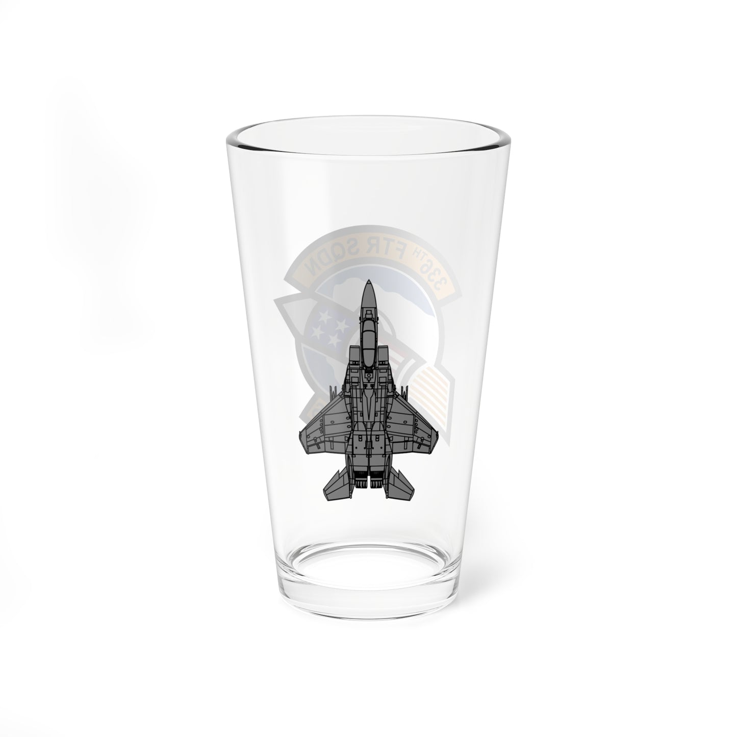 336FS "Rocketeers" Mixing Glass, 16oz, with F-15E top view on opposite side