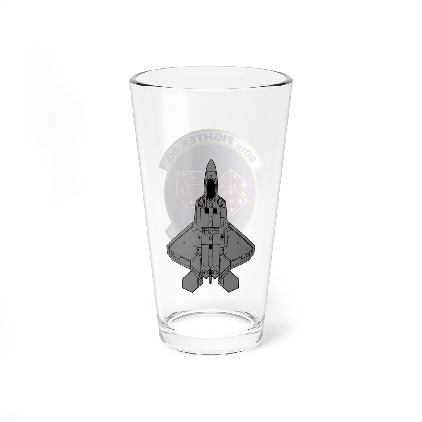 90FS "Pair-O-Dice" Mixing Glass, 16oz, with F-22 top view on opposite side