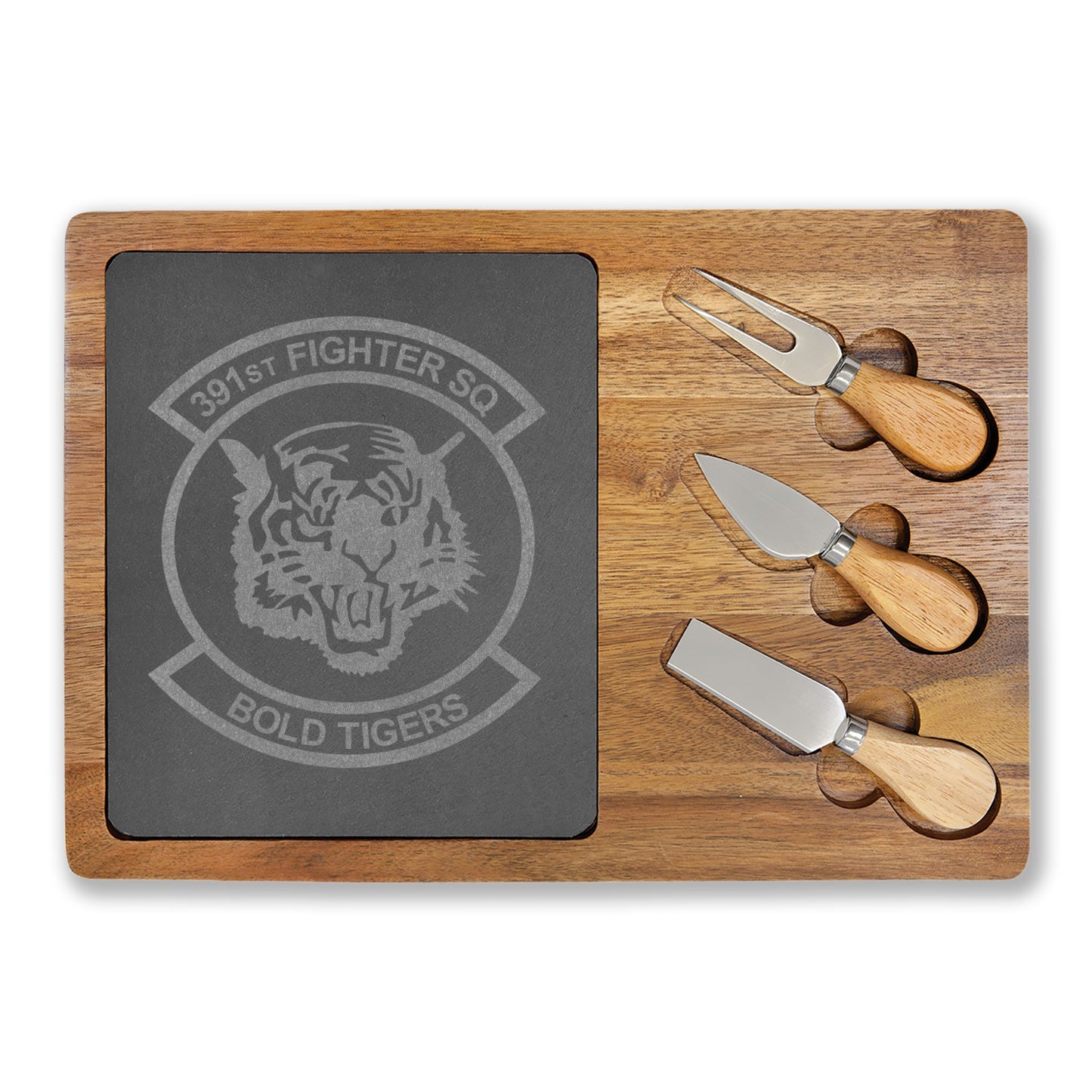 Engraved Charcuterie Board with Slate Inlay & 3-Piece Cheese Knife Set —  391FS Bold Tigers Logo