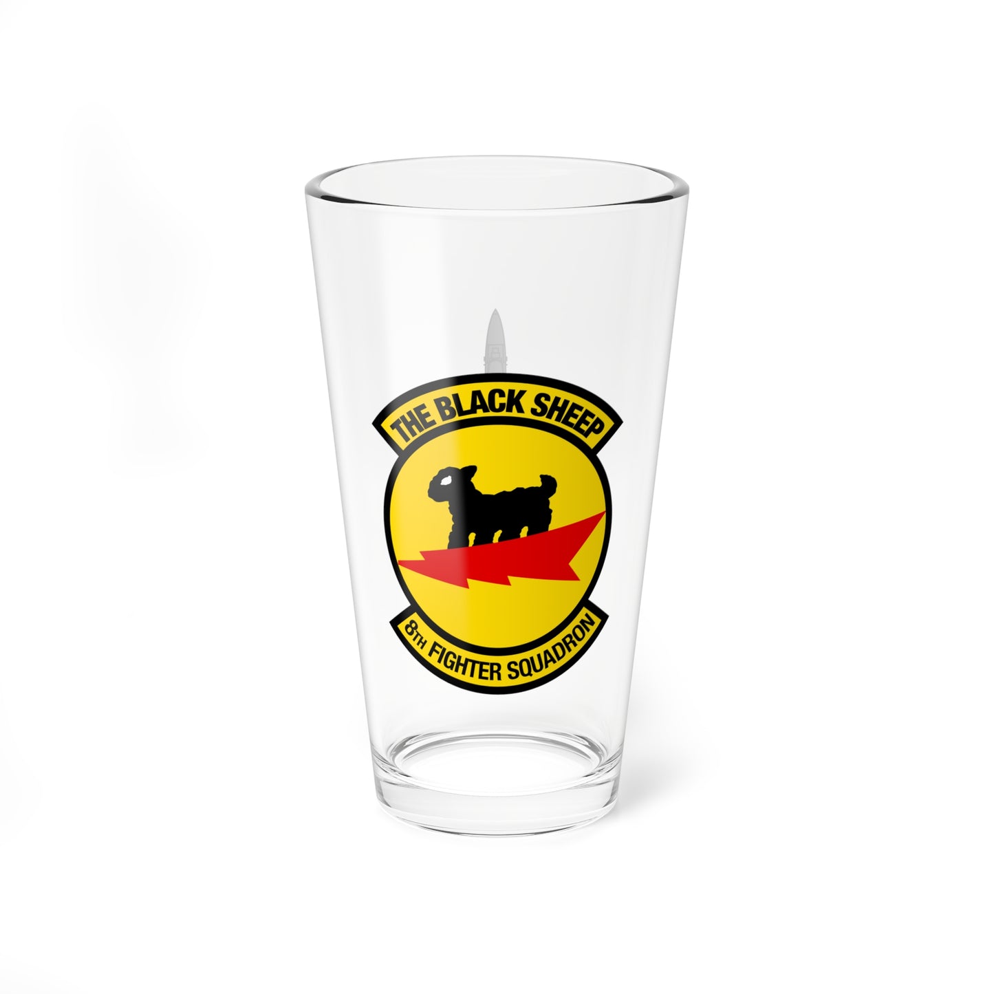 8FS "Black Sheep" Mixing Glass, 16oz, with F-15A top view on opposite side