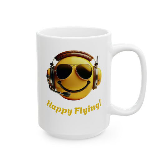 Happy Flying!  Retro Pilot Smiley Face Ceramic Mug, Fun Coffee Cup for Pilots, Unique Gift for Aviation Enthusiasts, 15oz