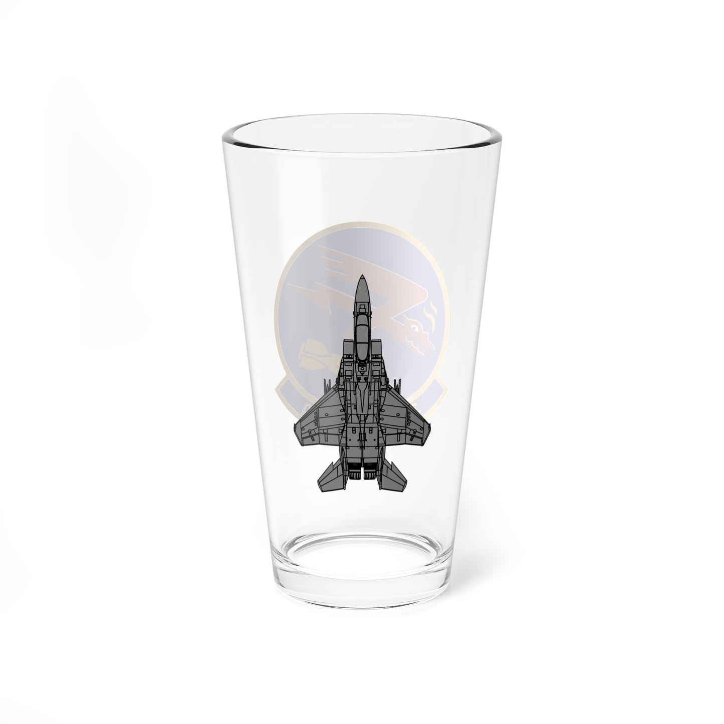 389FS "T-Bolts" Mixing Glass, 16oz, with F-15E top view on opposite side