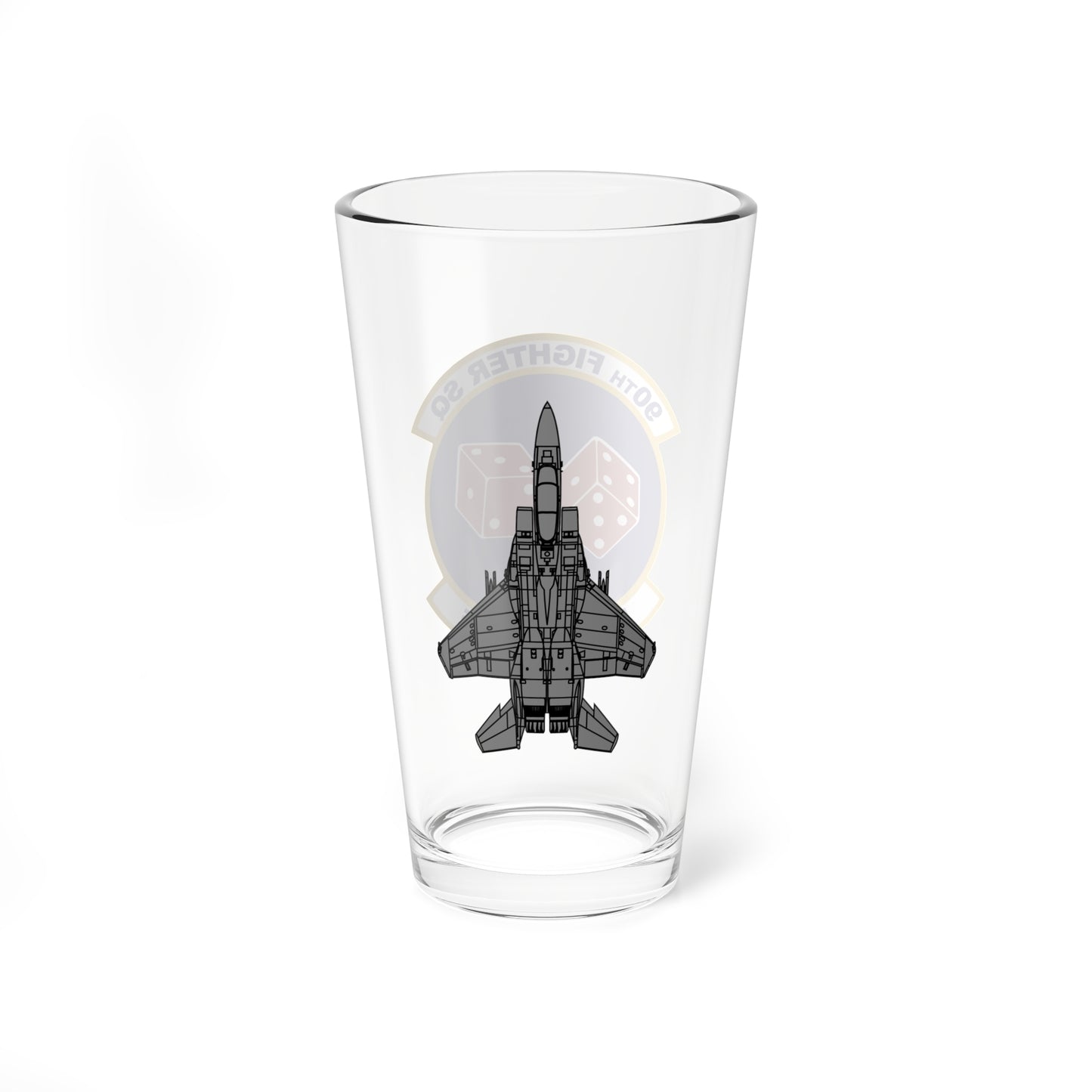 90FS "Pair-O-Dice" Mixing Glass, 16oz, with F-15E top view on opposite side