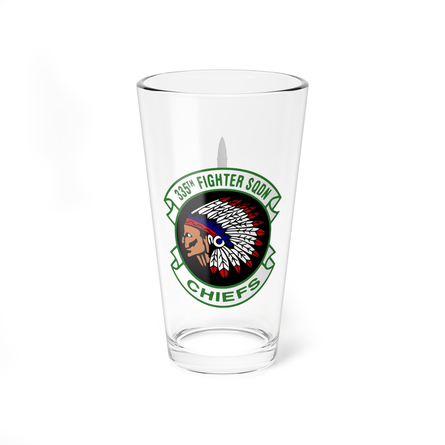 335FS "Chiefs" Mixing Glass, 16oz, with F-15E top view on opposite side