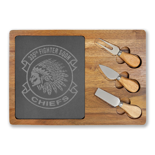 Engraved Charcuterie Board with Slate Inlay & 3-Piece Cheese Knife Set —  335FS Chiefs Logo