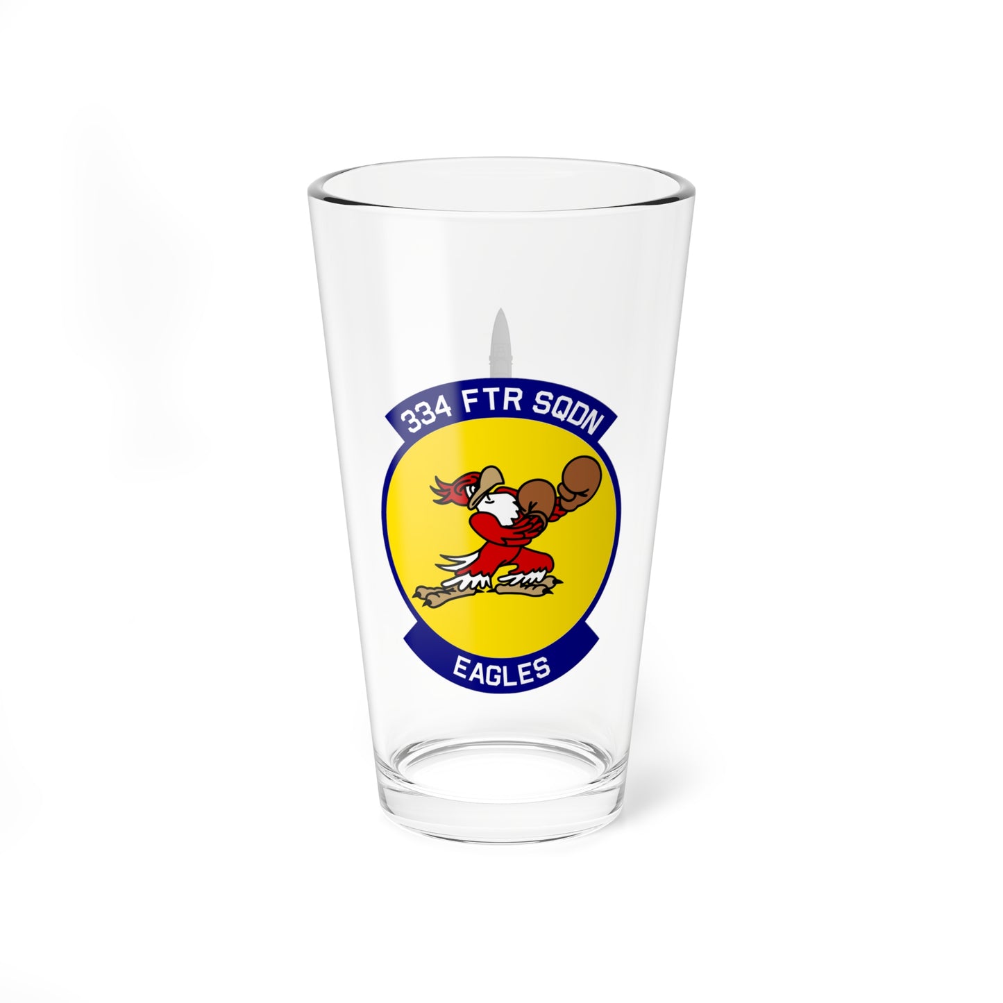 334FS "Eagles" Mixing Glass, 16oz, with F-15E top view on opposite side