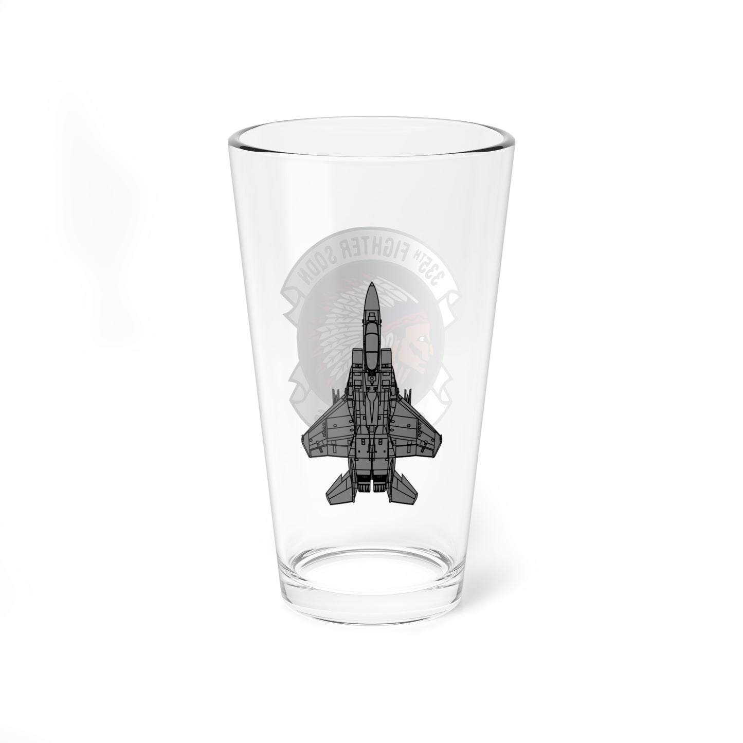 335FS "Chiefs" Mixing Glass, 16oz, with F-15E top view on opposite side