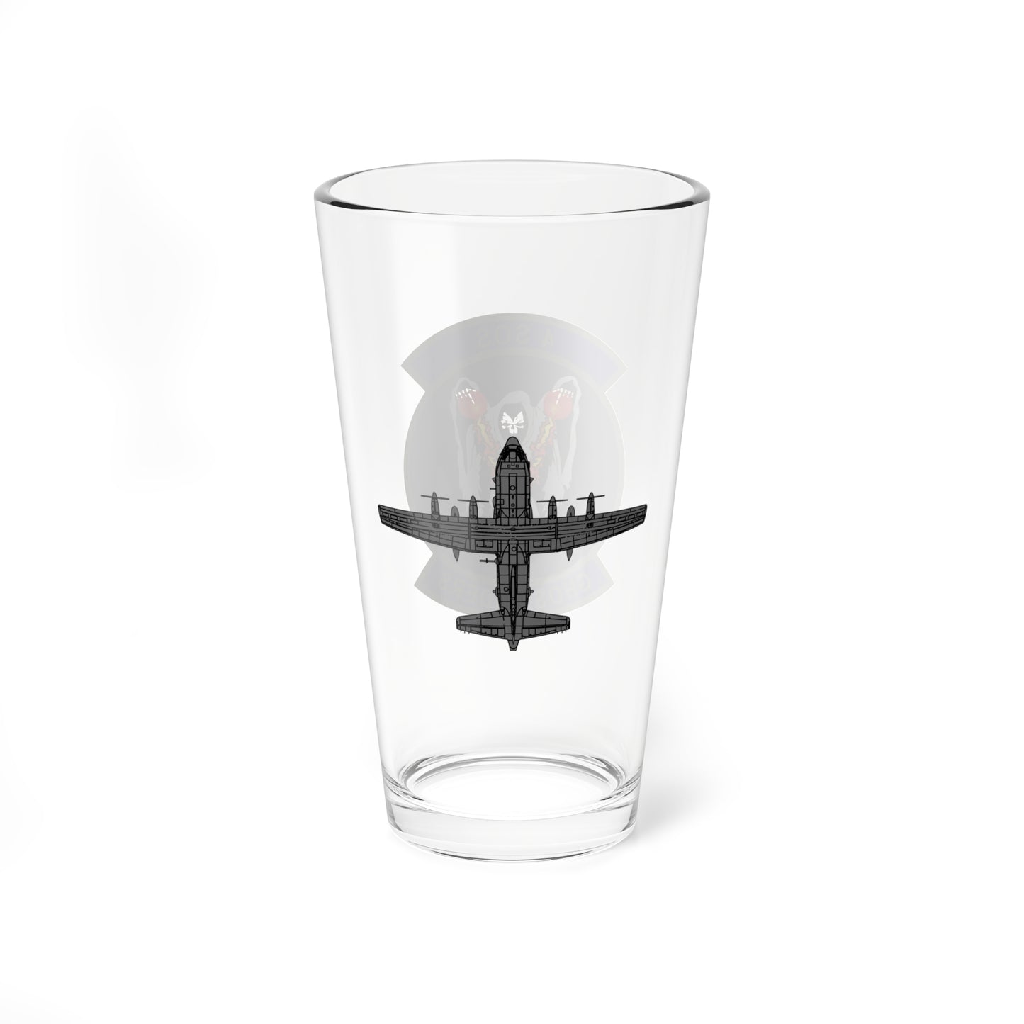 4SOS "Ghostriders" Mixing Glass, 16oz, with AC-130U top view on opposite side