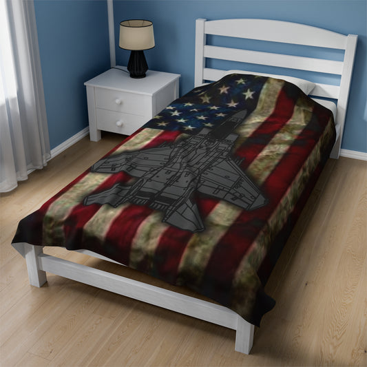 Velveteen Plush Blanket - F-15E Fighter Jet with Old Glory American Flag