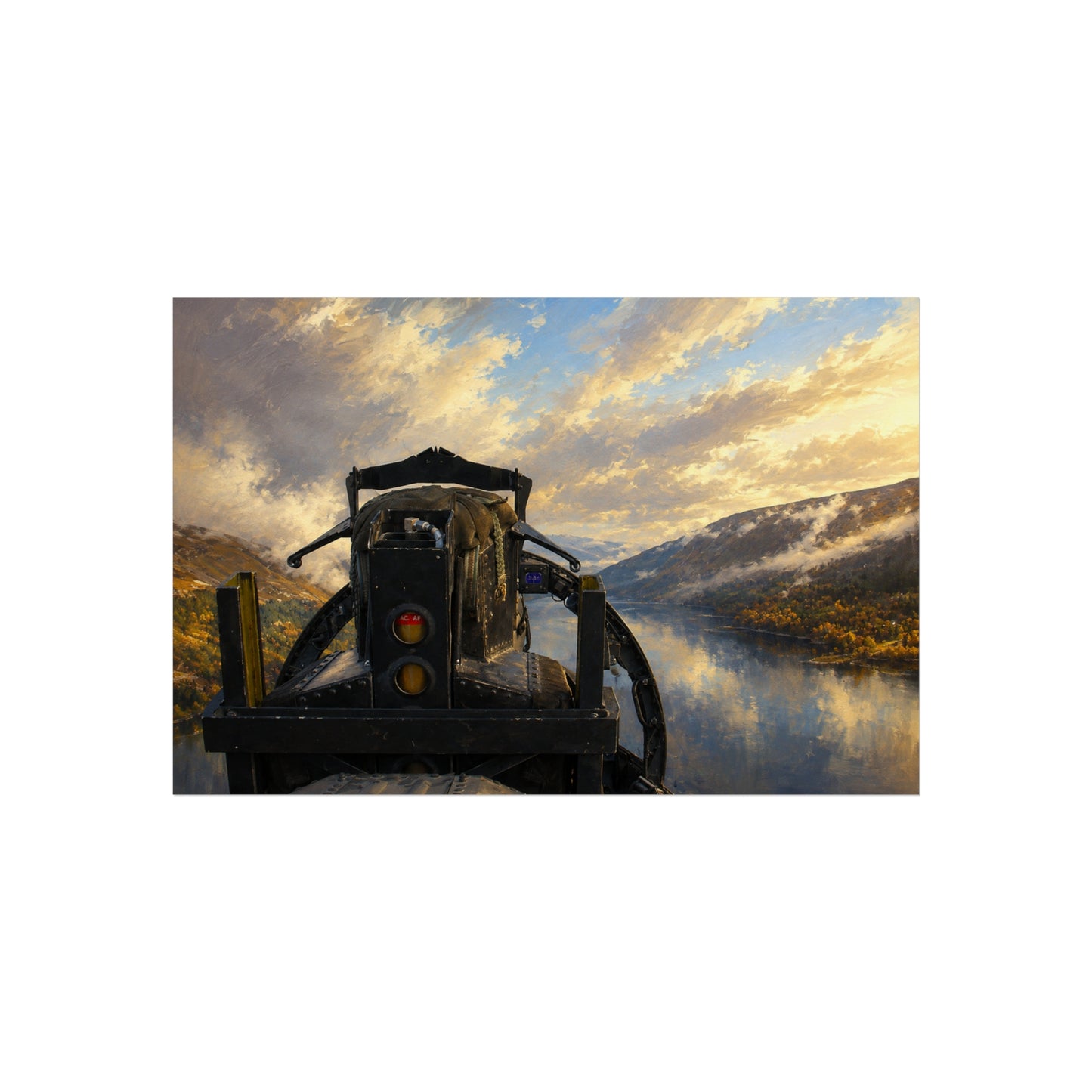Fighter Jet Low Level over Loch Ness Sunrise Fine Art Poster — Military Aircraft Wall Art