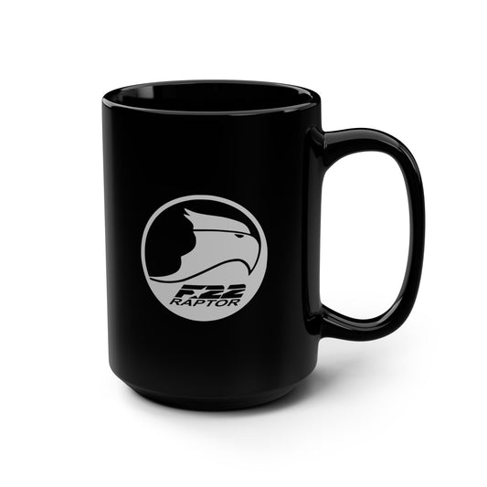 F-22 Raptor & Front Silhouette Black Mug, 15oz