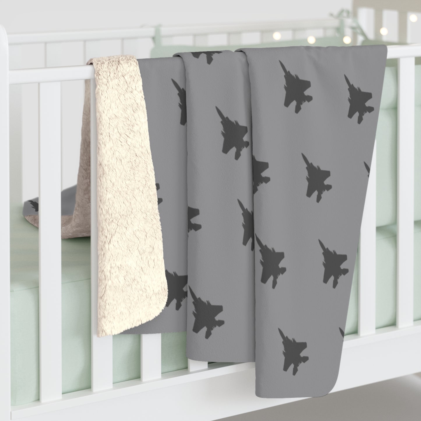 F-15E Pattern Sherpa Fleece Blanket, Grey