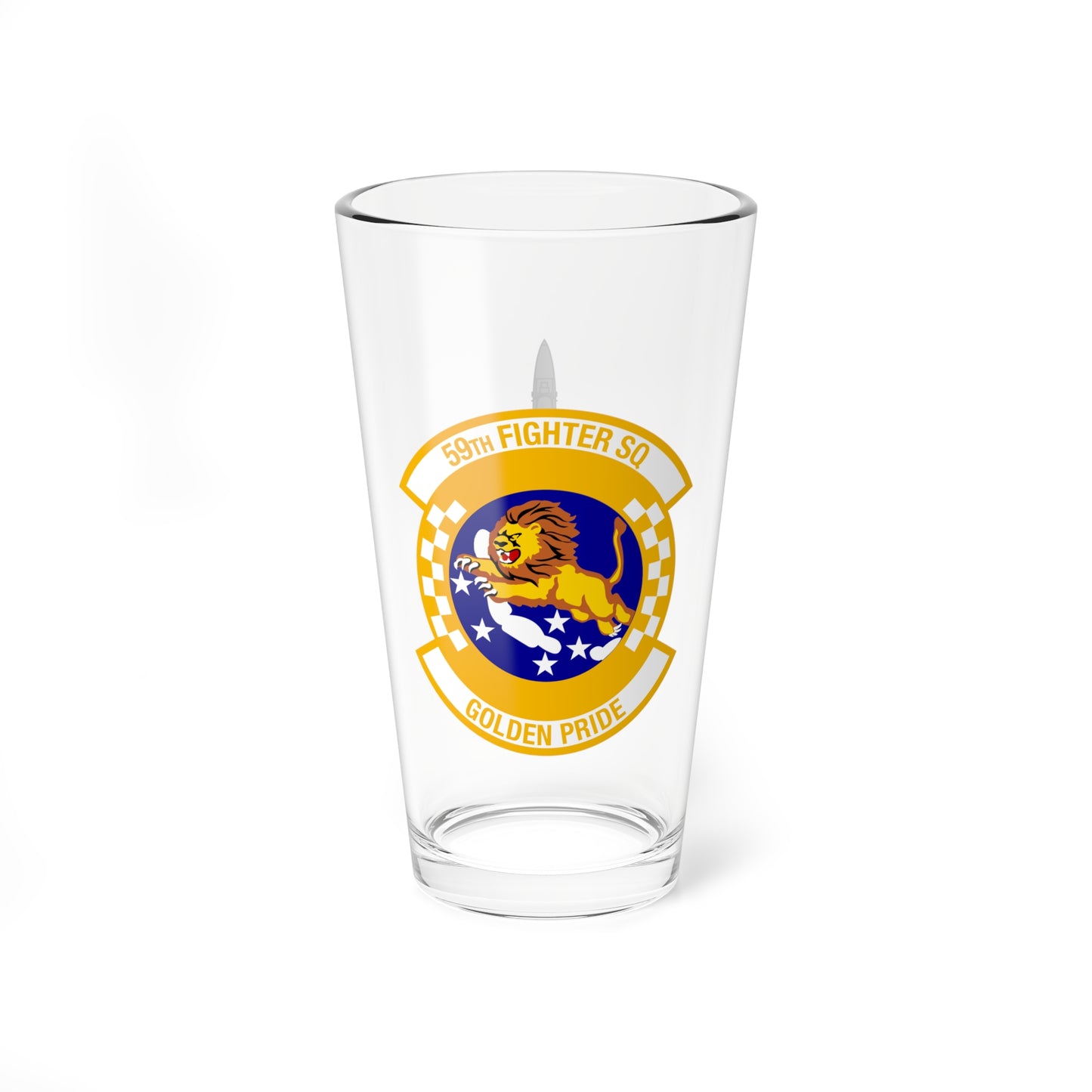 59FS "Golden Pride" Mixing Glass, 16oz, with F-15C top view on opposite side