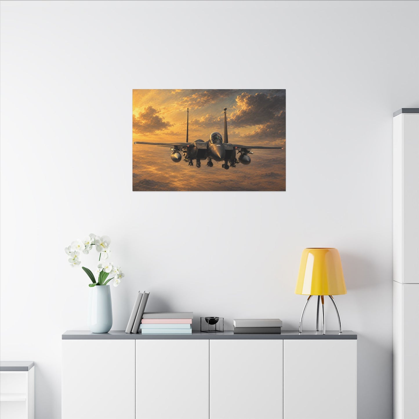 F-15E Fighter Jet Sunset Matte Canvas Print — Stretched Wall Art