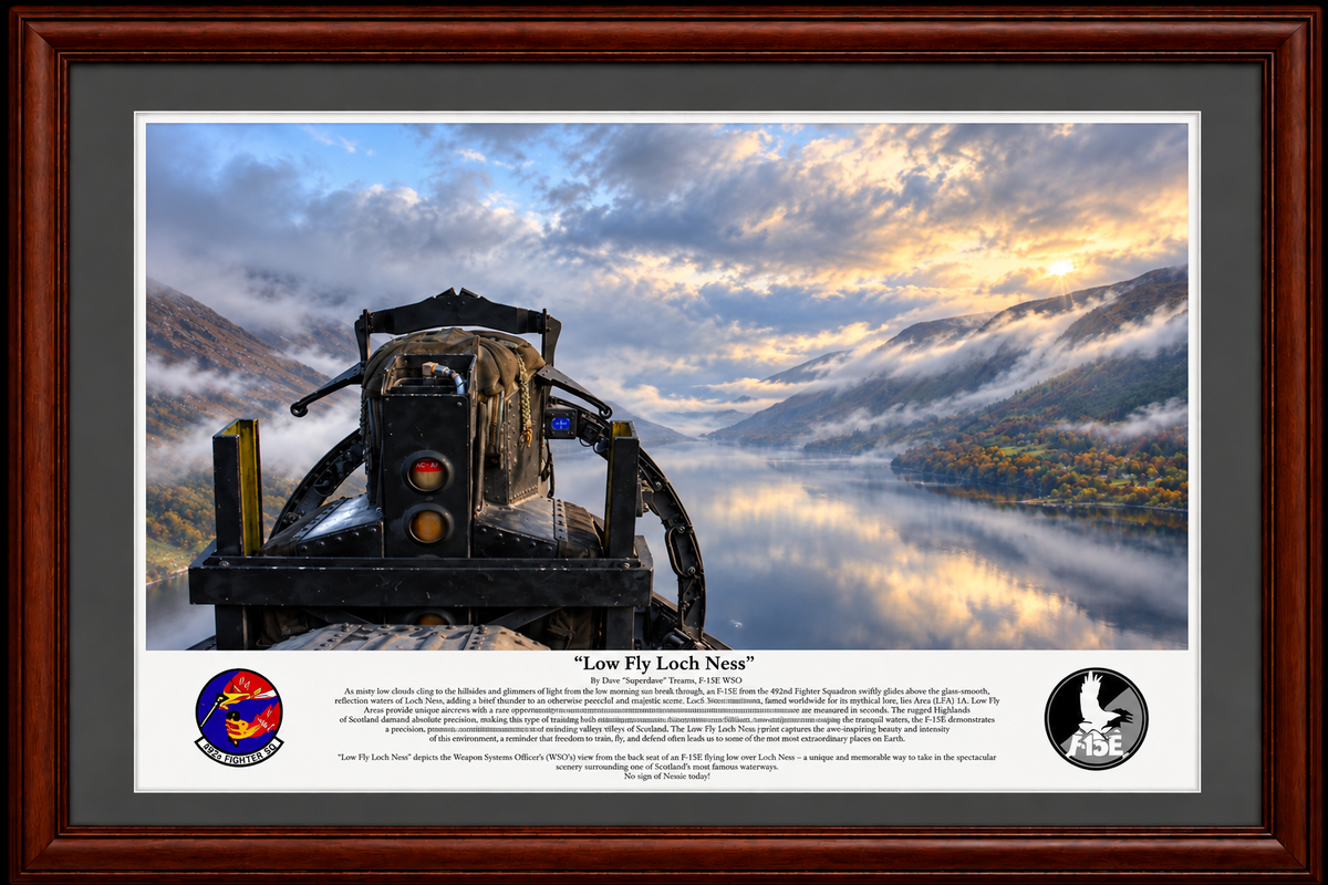 F-15E Strike Eagle Aviation Art Print, Low Fly Loch Ness, USAF Fighter Jet Wall Art, Fighter Pilot Gift
