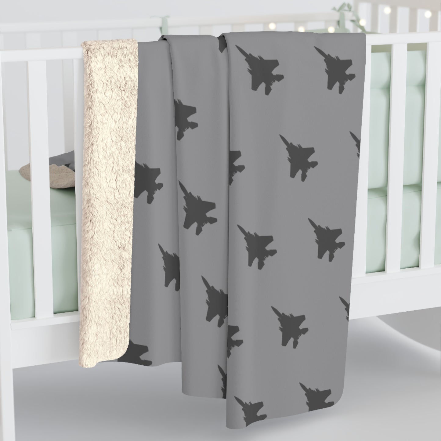 F-15E Pattern Sherpa Fleece Blanket, Grey