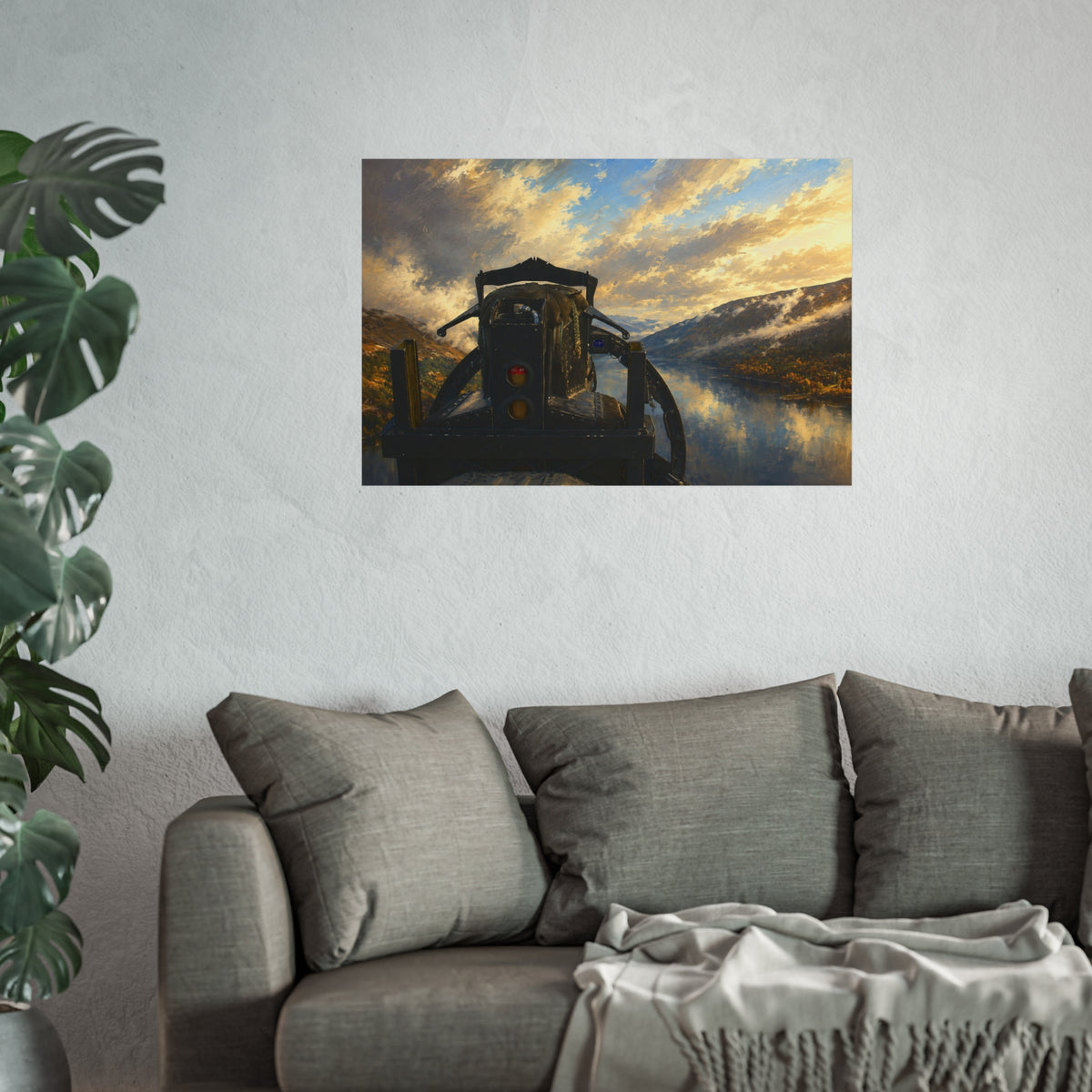 Fighter Jet Low Level over Loch Ness Sunrise Fine Art Poster — Military Aircraft Wall Art