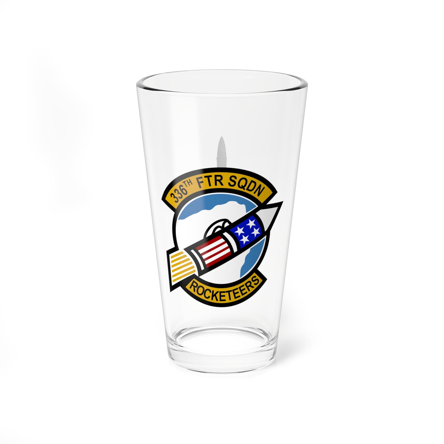 336FS "Rocketeers" Mixing Glass, 16oz, with F-15E top view on opposite side