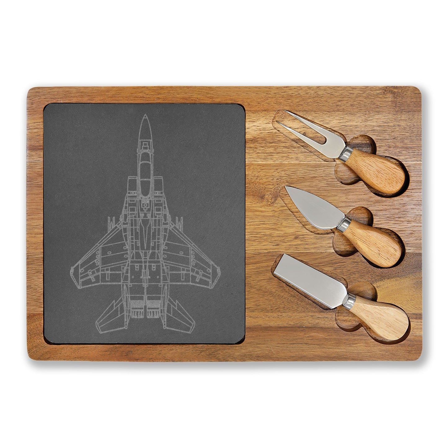 Engraved Charcuterie Board with Slate Inlay & 3-Piece Cheese Knife Set —  F-15E