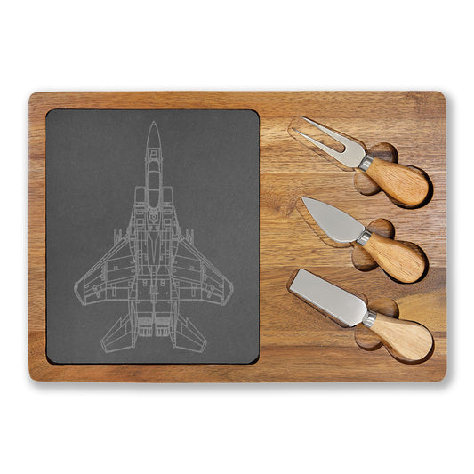Engraved Charcuterie Board with Slate Inlay & 3-Piece Cheese Knife Set —  F-15E