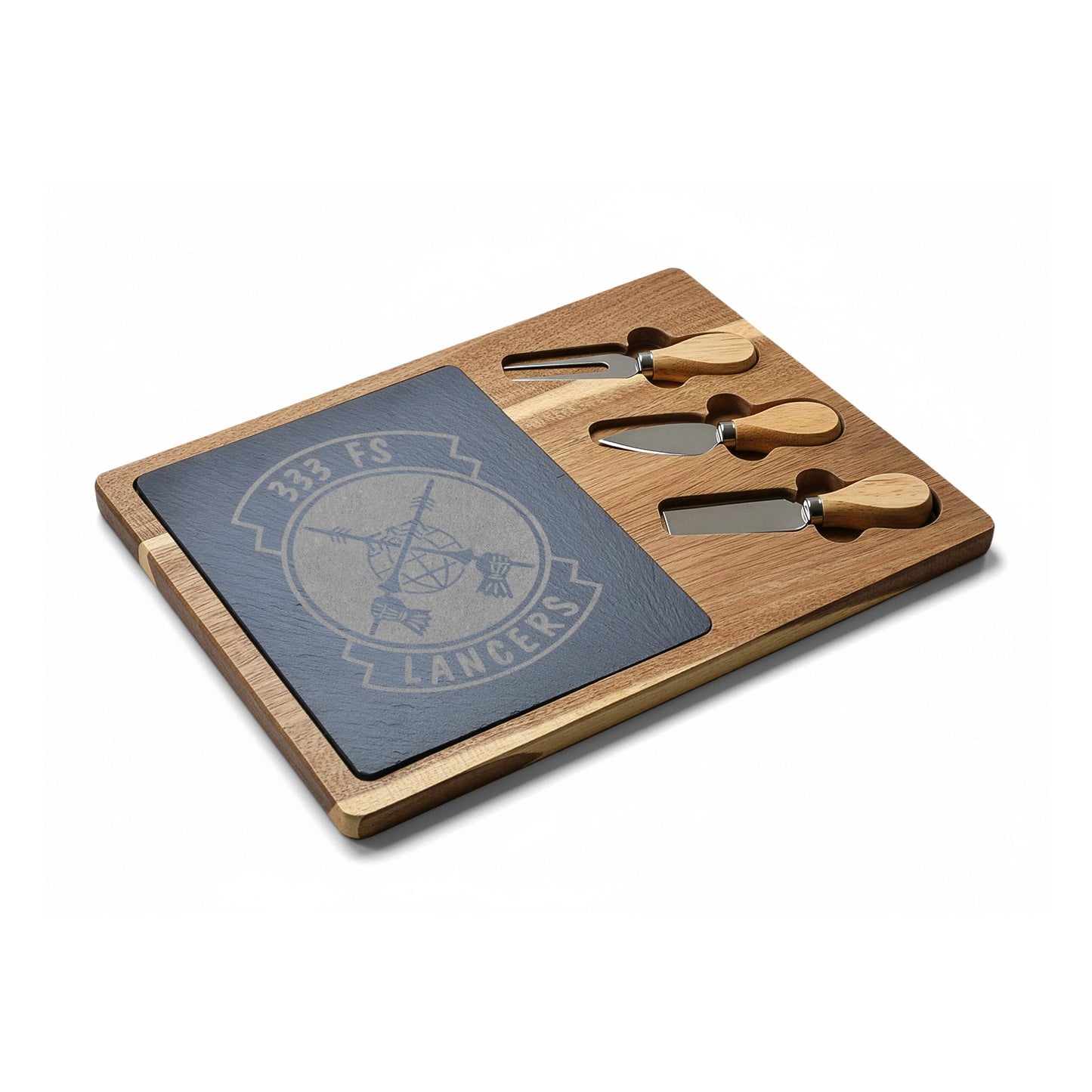 Engraved Charcuterie Board with Slate Inlay & 3-Piece Cheese Knife Set —  333FS Lancers Logo