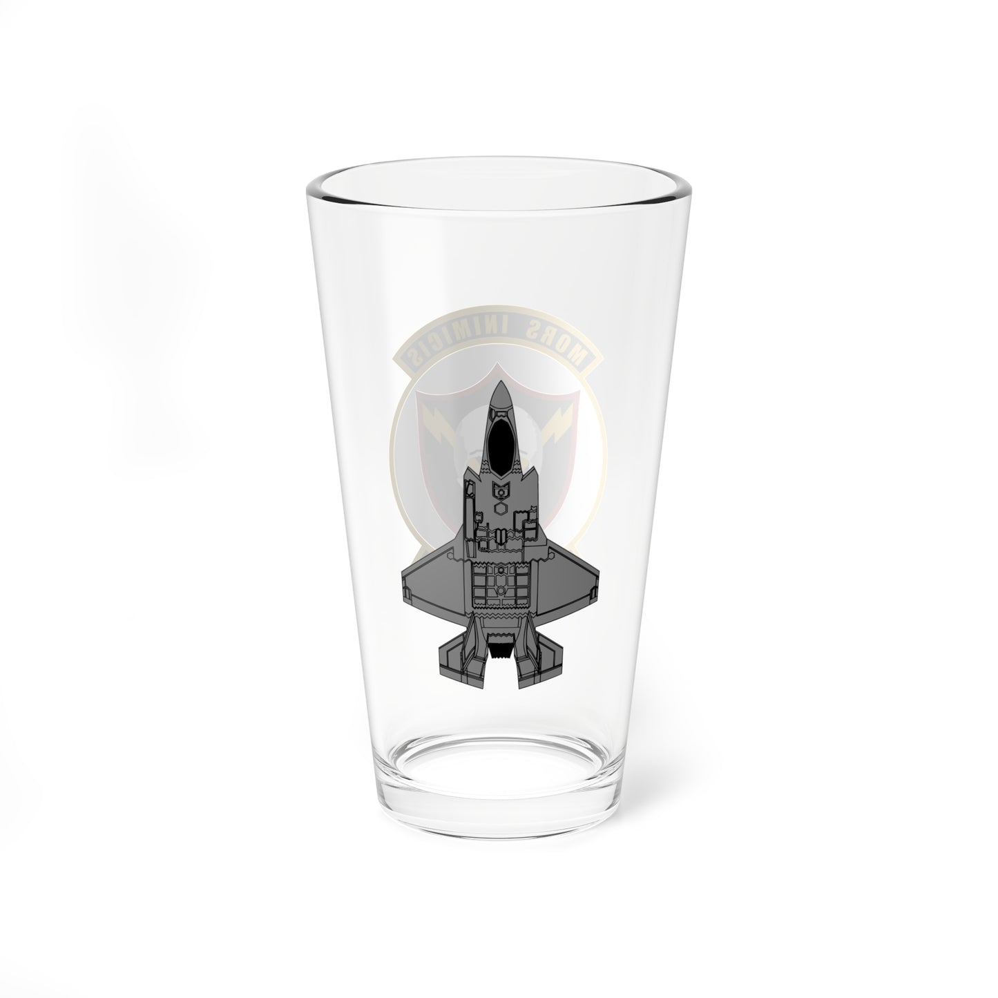 493FS "Grim Reapers" Mixing Glass, 16oz, with F-35A top view on opposite side