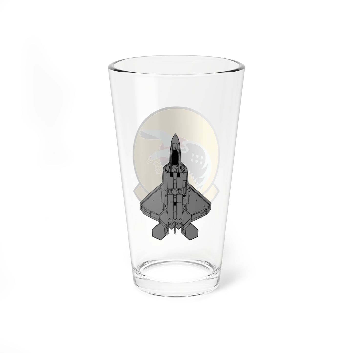 27FS "Fightin' Eagles" Mixing Glass, 16oz, with F-22 top view on opposite side