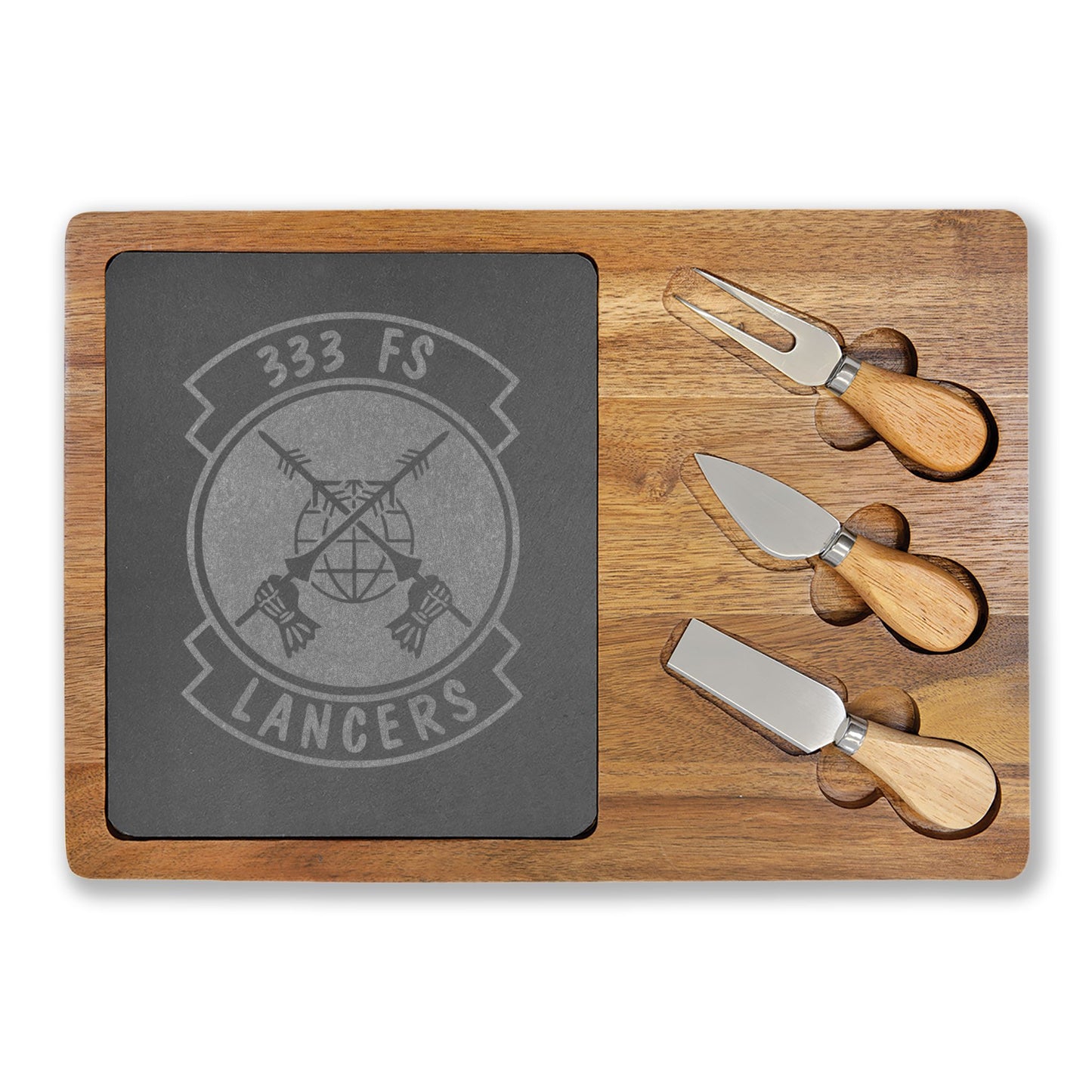 Engraved Charcuterie Board with Slate Inlay & 3-Piece Cheese Knife Set —  333FS Lancers Logo