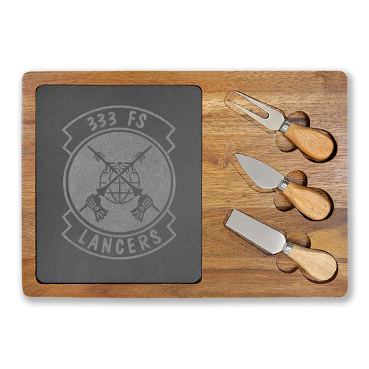 Engraved Charcuterie Board with Slate Inlay & 3-Piece Cheese Knife Set —  333FS Lancers Logo