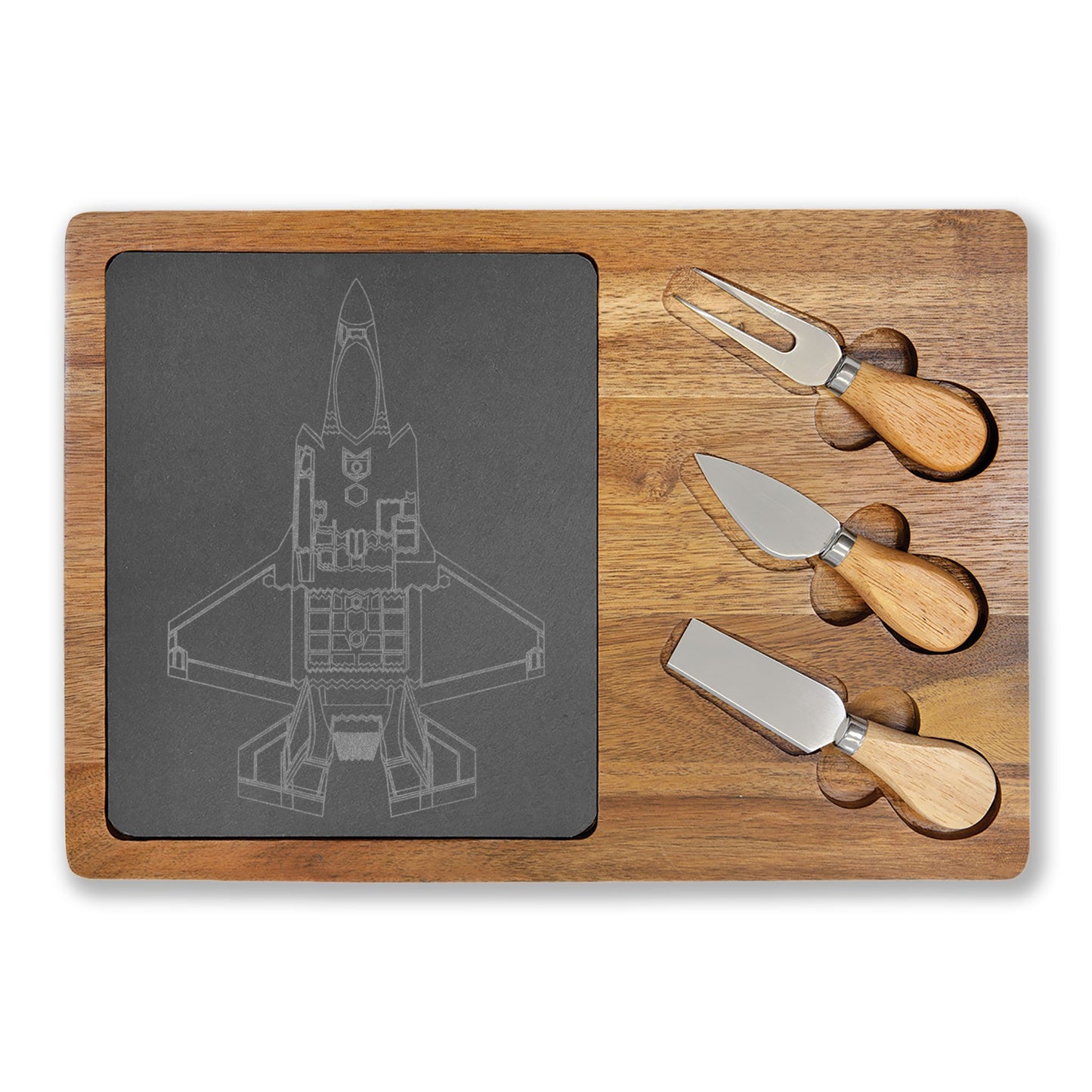 Engraved Charcuterie Board with Slate Inlay & 3-Piece Cheese Knife Set —  F-35