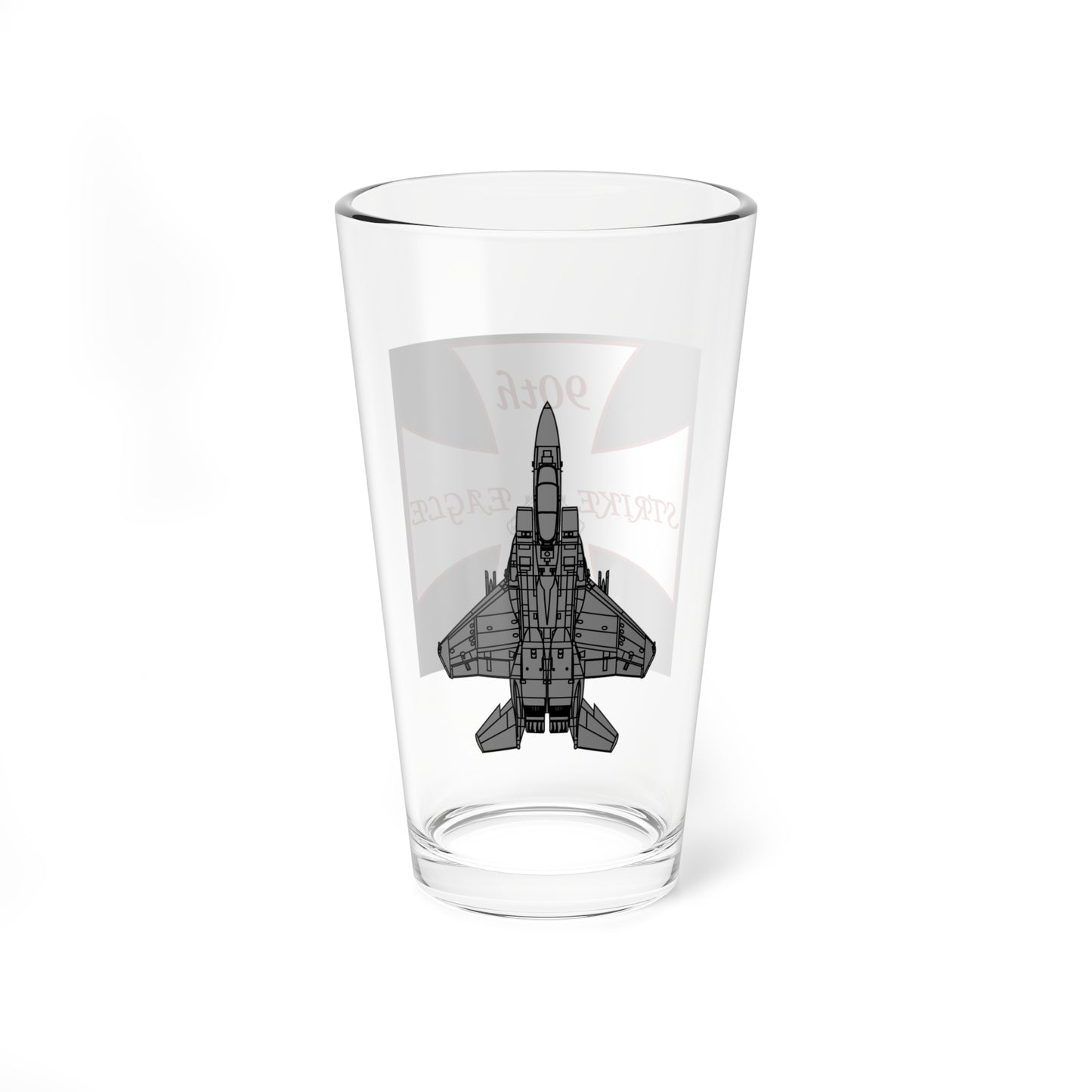 90AMU "Pair-O-Dice" Mixing Glass, 16oz, with F-15E top view on opposite side