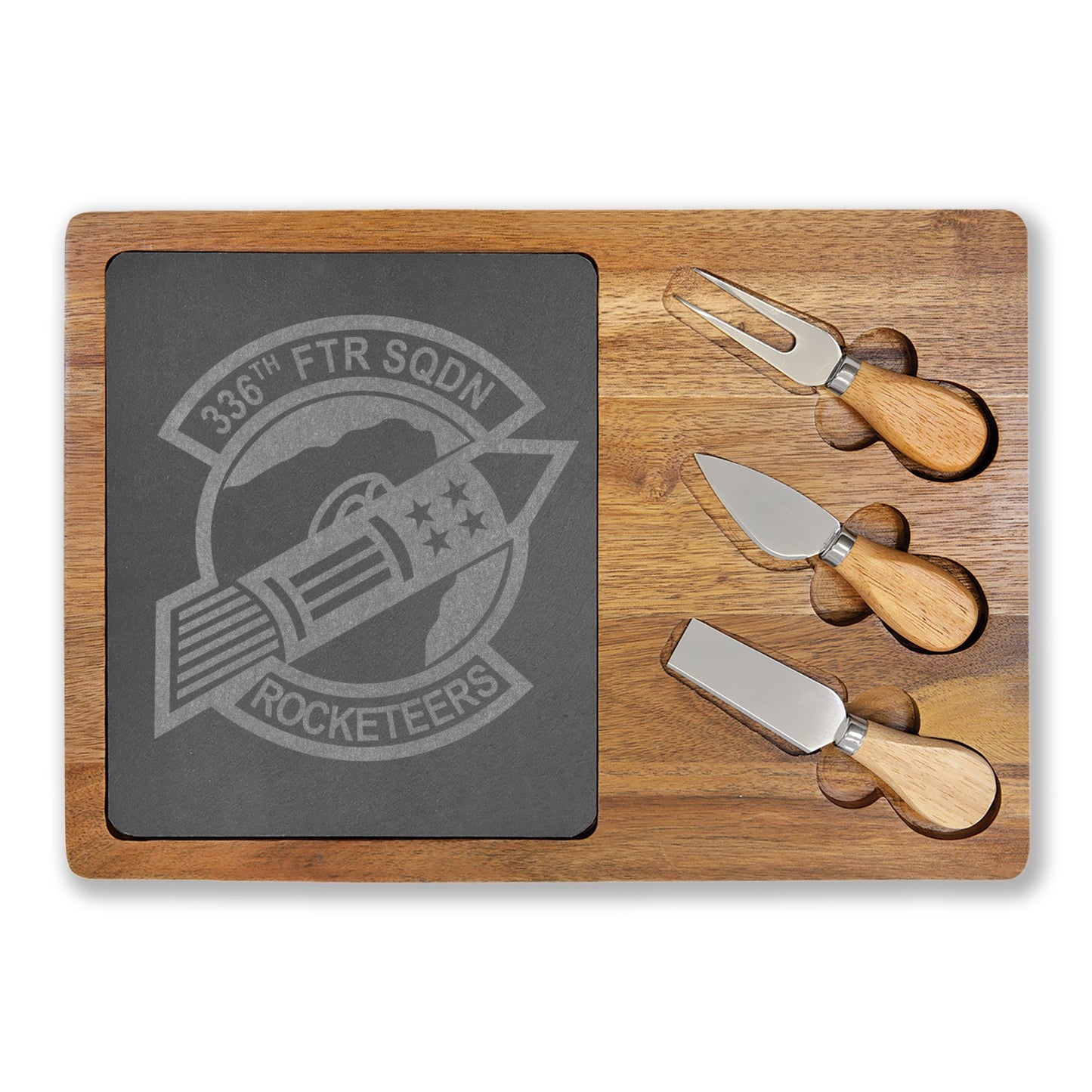Engraved Charcuterie Board with Slate Inlay & 3-Piece Cheese Knife Set —  336FS Rocketeers Logo