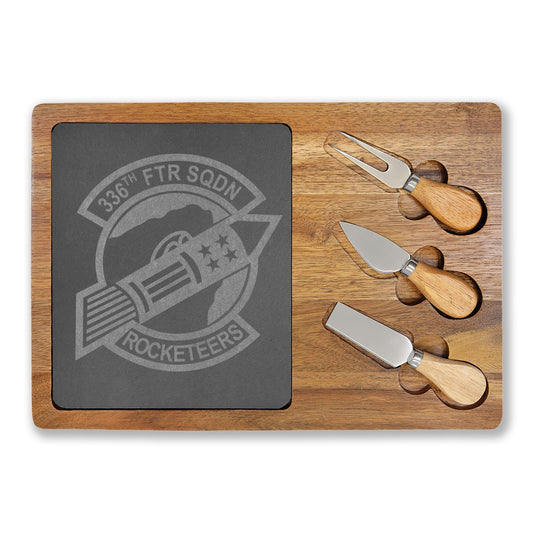 Engraved Charcuterie Board with Slate Inlay & 3-Piece Cheese Knife Set —  336FS Rocketeers Logo
