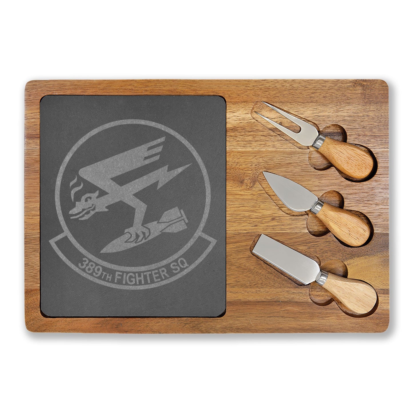 Engraved Charcuterie Board with Slate Inlay & 3-Piece Cheese Knife Set —  389FS T-Bolts Logo