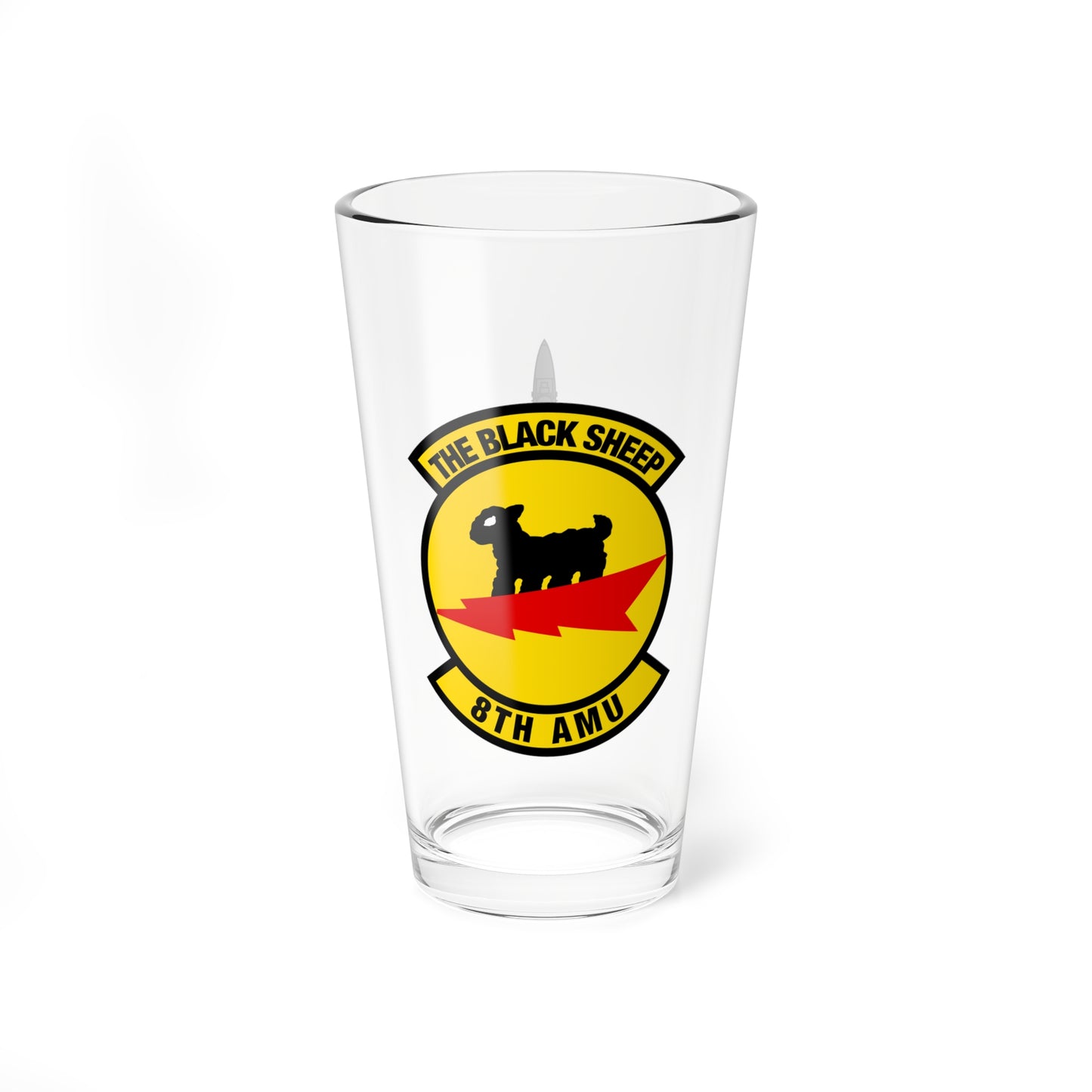 8AMU "Black Sheep" Mixing Glass, 16oz, with F-15A top view on opposite side