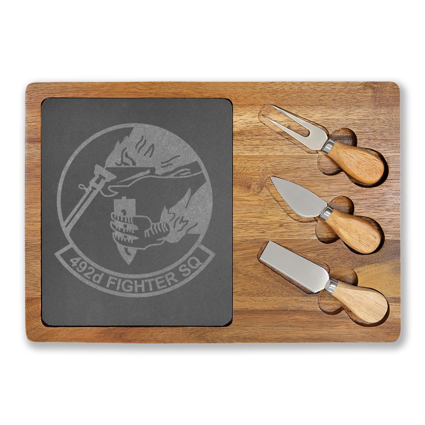 Engraved Charcuterie Board with Slate Inlay & 3-Piece Cheese Knife Set —  492FS Bolars Logo