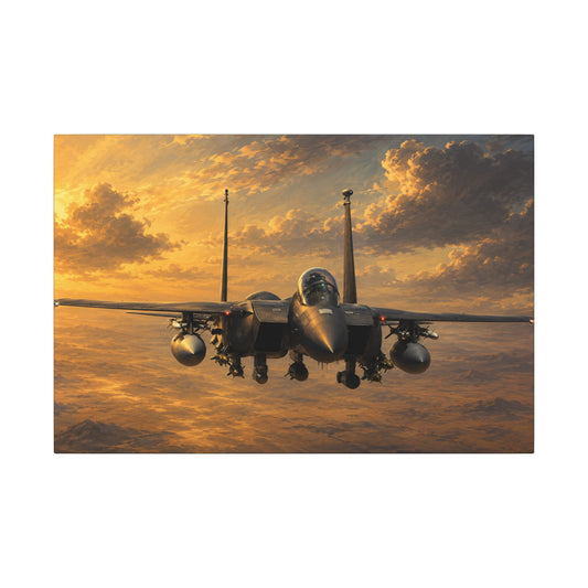 F-15E Fighter Jet Sunset Matte Canvas Print — Stretched Wall Art