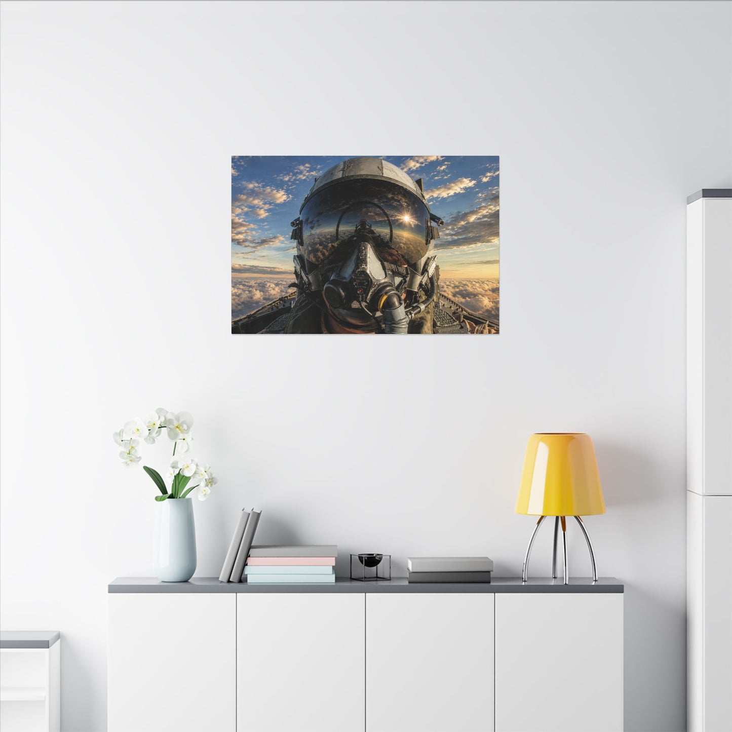 Fighter Pilot Helmet Aerial Canvas — Matte Stretched Aviation Wall Art