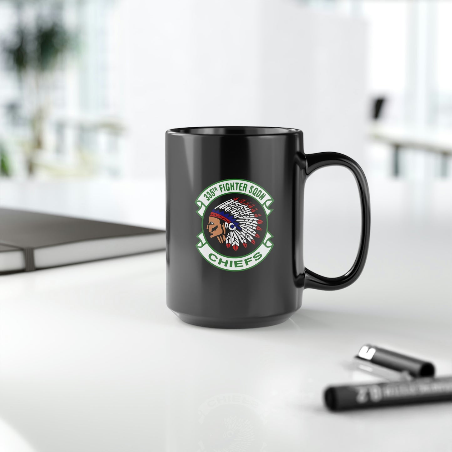 335FS & F-15E Front Silhouette Black Mug, 15oz