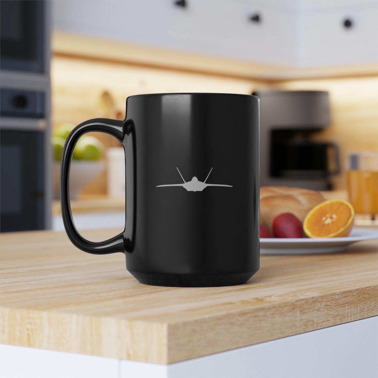 F-22 Raptor & Front Silhouette Black Mug, 15oz